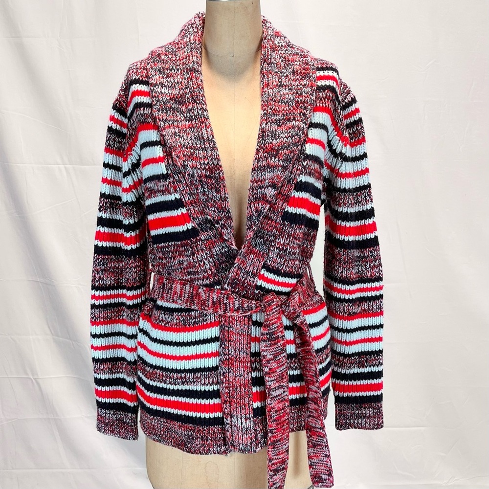 VINTAGE 60s 70s wrap knit sweater cardigan space dyed multicolor stripe belt‎ - Picture 7 of 10